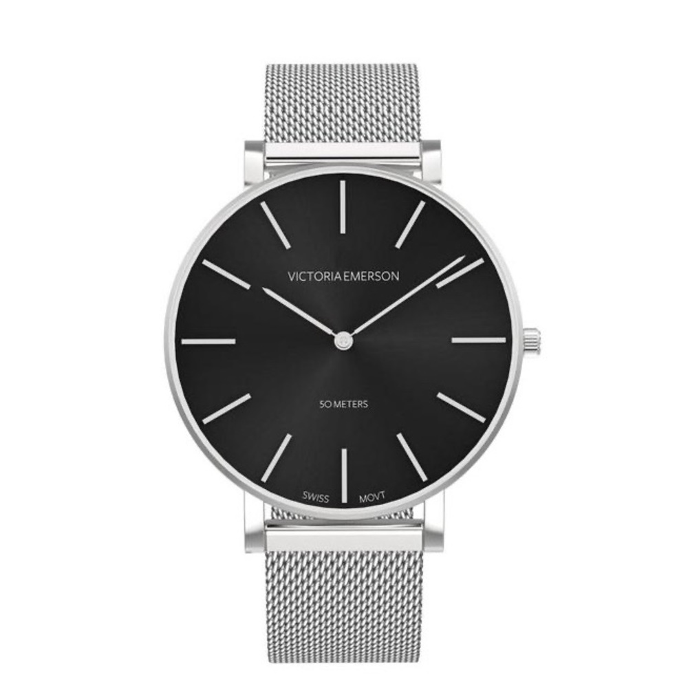 NWT Victoria Emerson Black Sunburst on Silver 36mm